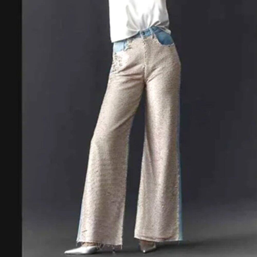 NWT PILCRO Anthropologie champage sequin front wide leg high rise jeans 28